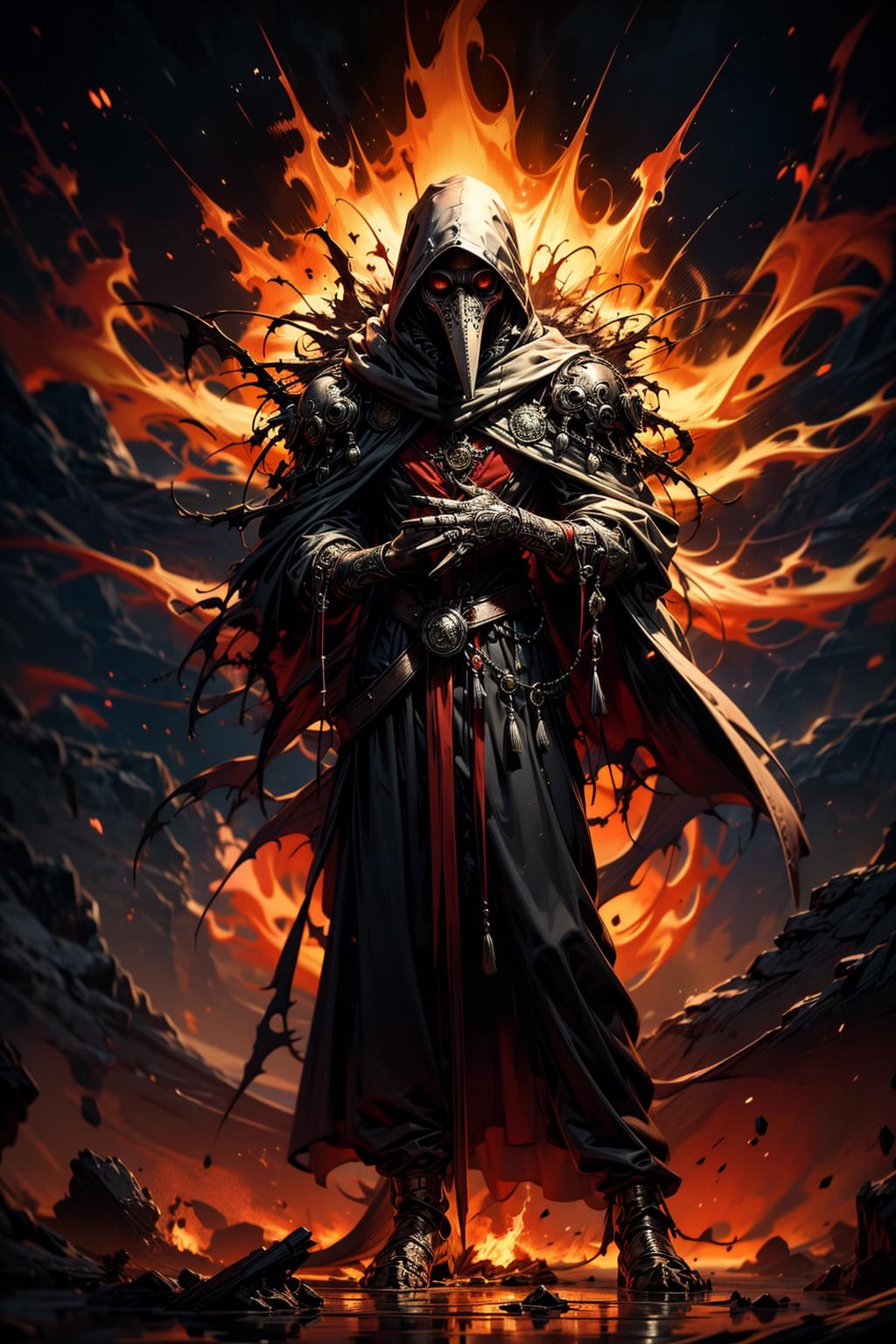 A man in a hoodedie standing in front of a fire - SeaArt AI
