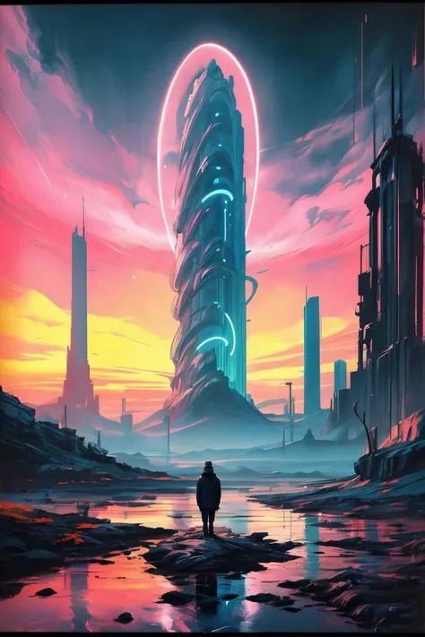 (ombre color scheme of neon pink, neon blue, neon green, neon yellow, neon yellow-red), surrealism painting of a man standing on a cliff with a giant orange ring in the sky above him and a man standing on a cliff, Beksinski, sci fi, a digital painting, psychedelic art <lora:add_detail:0.7> <lora:EdobHorrorLandscape_v1.0:0.77> EdobHorrorLandscape, subsurface scattering, ultra hd, 4k, high def, Photorealistic, Hyperrealistic, Hyper detailed, analog style, realistic, masterpiece, best quality, ultra realistic, 8k, Intricate, High Detail, film photography, soft lighting, heavy shadow