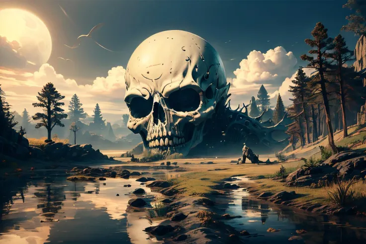 (Realistic:1.5) EdobHorrorLandscape , ambiguous gender, alien, building, 1boy, skull, grass, from behind, water, 6+others, nature, <lora:EdobHorrorLandscape_v1.0:0.8>