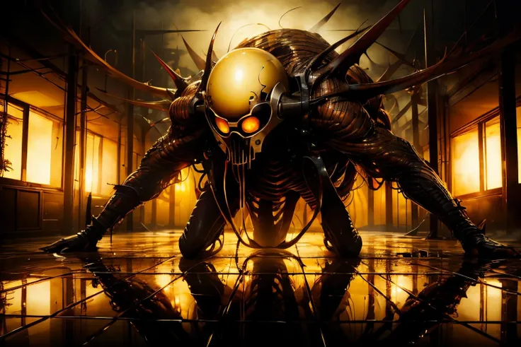 (Realistic:1.5) EdobHorrorLandscape , male focus, backlighting, reflection, claws, reflection, night, simple background, ruins, yellow eyes, gas mask, <lora:EdobHorrorLandscape_v1.0:0.8>