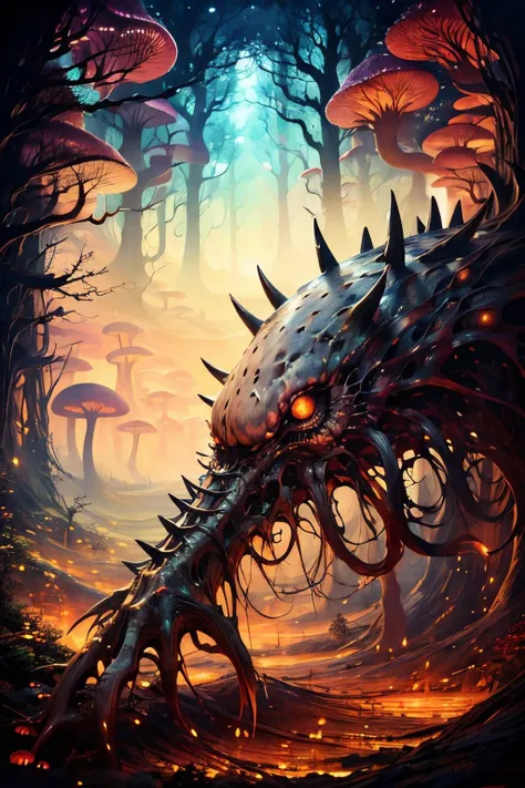 (Realistic:1.5) EdobHorrorLandscape , male focus, mushroom, no humans, fog, claws, looking at viewer, night, multiple others, spikes, star (sky), <lora:EdobHorrorLandscape_v1.0:0.8>