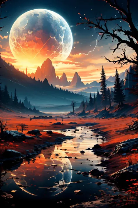 (Realistic:1.5) EdobHorrorLandscape , looking at viewer, horror (theme), mountainous horizon, ruins, antlers, bone, reflection, lens flare, moon, signature, <lora:EdobHorrorLandscape_v1.0:0.8>
