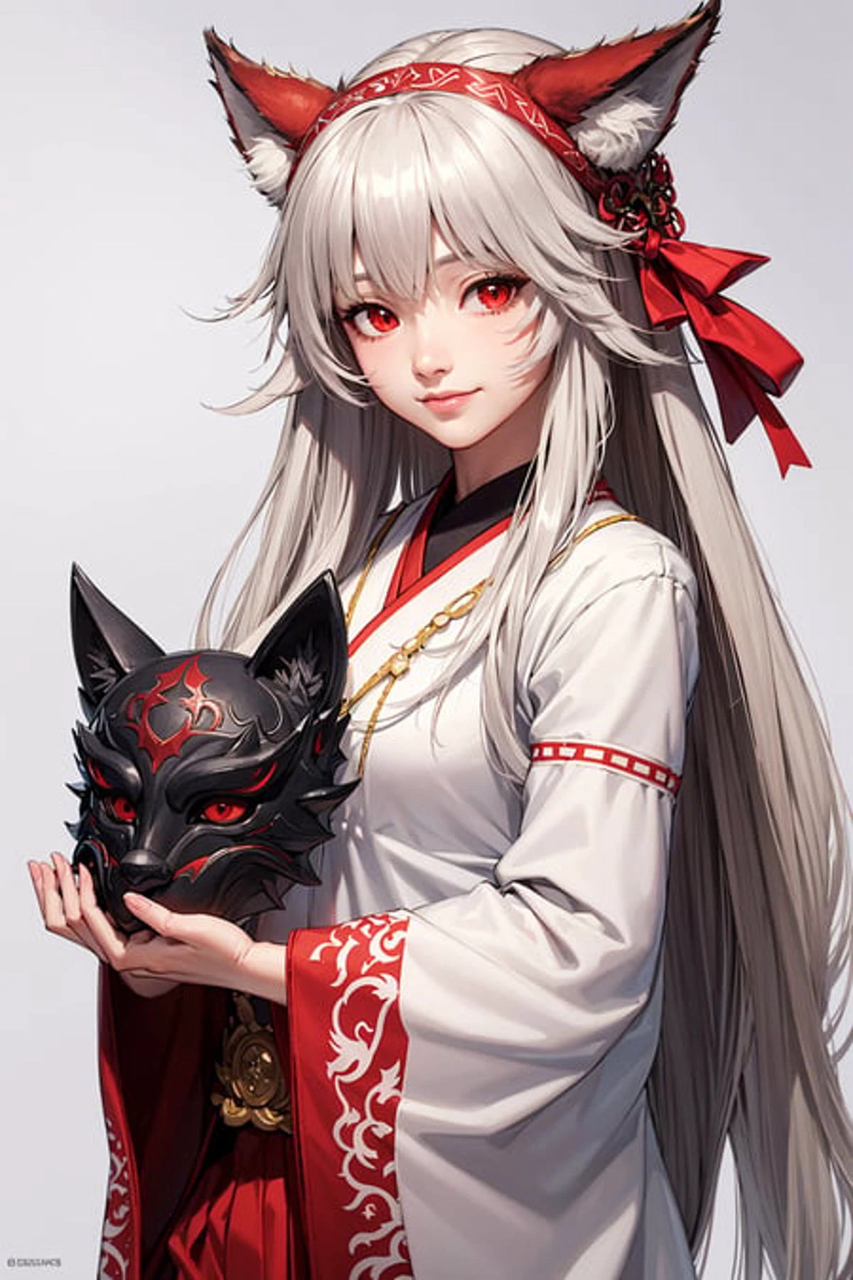 (masterpiece, best quality, ultra-detailed, best shadow),(high resolution,distinct_image),extremely detailed CG unity 8k wallpaper, looking at viewer, Illustration, 1girl, girl focus, long hair,  red eyes,  white hair, (simple fox mask, mask on head), smile, low-tied long hair, [japanese clothes, miko],  very long hair