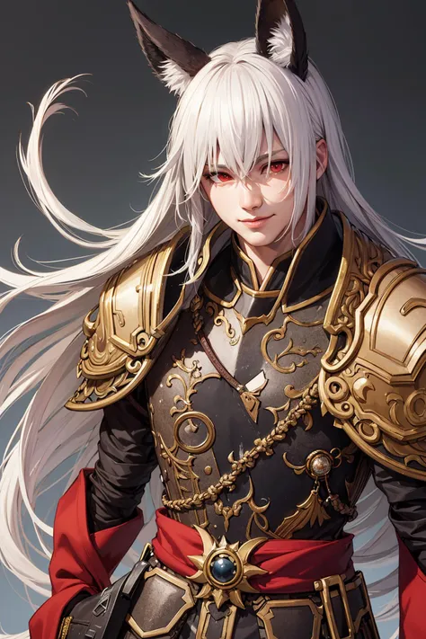 (masterpiece, best quality, ultra-detailed, best shadow),(high resolution,distinct_image),extremely detailed CG unity 8k wallpaper, looking at viewer, Illustration, kogitsunemaru, 1boy, male focus, long hair, red eyes, solo, mask, japanese clothes, white hair, armor, japanese armor, fox mask, smile, low-tied long hair, shoulder armor, finger to mouth, sode, very long hair