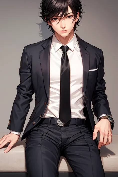 (masterpiece, best quality, ultra-detailed, best shadow),(high resolution,distinct_image),extremely detailed CG unity 8k wallpaper, 1boy, short hair,  black hair, black eyes, closed mouth,  hair between eyes, muscular male, cowboy shot, blazer, black pants, Wristwatch, white shirt, long sleeves, male focus, necktie, sitting,