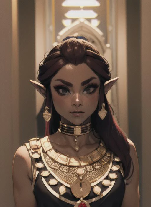 <lora:riju_zelda-10:1> <hypernet:verucaJames_:1> dark skin, black skin, red hair, royalty, golden, riju_zelda,