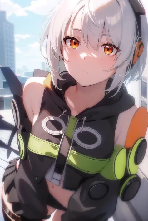 anbydemara, <lora:anby demara-lora-nochekaiser:1>,
anby demara, (orange eyes:1.5), short hair, white hair,
BREAK bare shoulders, black gloves, black skirt, black thighhighs, fingerless gloves, gloves, green jacket, headphones, jacket, navel, skirt, stomach, thighhighs,
BREAK outdoors, city, sky, clouds, sun, buildings, crowd, people, alley,
BREAK looking at viewer, (cowboy shot:1.5),
BREAK <lyco:GoodHands-beta2:1>, (masterpiece:1.2), best quality, high resolution, unity 8k wallpaper, (illustration:0.8), (beautiful detailed eyes:1.6), extremely detailed face, perfect lighting, extremely detailed CG, (perfect hands, perfect anatomy),