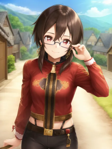 sksshino, 1girl, smile, closed mouth, glasses, village background, solo, best quality, high quality, highly detailed, intricate details, highres, absurdres, masterpiece, <lora:sinon-v2:0.8>