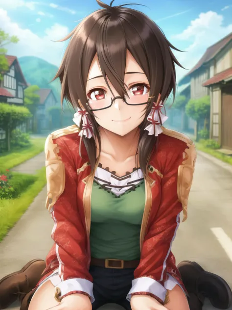 sksshino, 1girl, smile, closed mouth, glasses, village background, solo, best quality, high quality, highly detailed, intricate details, highres, absurdres, masterpiece, <lora:sinon-v2:0.8>