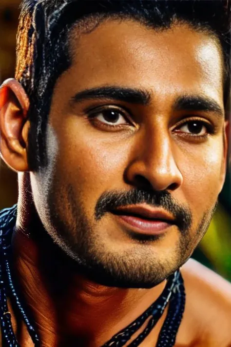 realistic, ((masterpiece)), ((best quality)), (detailed), cinematic, dynamic lighting, soft shadow, detailed background, professional photography, depth of field, intricate, detailed face, subsurface scattering, realistic hair, realistic eyes, muscular, manly, pectorals, abs, photo of  mahesh babu <lora:MaheshSDXL:1>, jungle, tribal, necklace, armband, bracelet, medium messy hair, brown eyes, water, vines, lying, stubble, from above, armpit, wet,