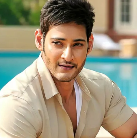 mahesh babu <lora:MaheshSDXL:1> lounging by the pool,, sexy, realistic, detailed,