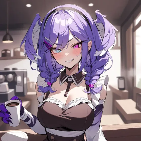 rating: general, <lora:Selen_Tatsuki_SDXL:1>, selen tatsuki, braid, twin braids, 1girl, solo, hair flower, heart, looking at viewer, blush, detached sleeves, hairband, wink, breasts, smile, frills, serving coffee to a customer at a cafe, frilled sleeves, detached collar, pink maid outfit, upper body, hair ornament, masterpiece, best quality