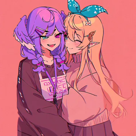 rating: general,  masterpiece, best quality, two women hugging, BREAK <lora:Selen_Tatsuki_SDXL:.8>, selen tatsuki, braid, twin braids, black sweater, smile, full shot, collarbone, fangs, sweater, open mouth, lanyard, hairclip, hair ornament, medium hair, bangs BREAK <lora:Pomu_Rainpuff_SDXL:.8>, pomu rainpuff, solo, sweater, skirt, drinking a cup of coffee, happy, smile, full shot