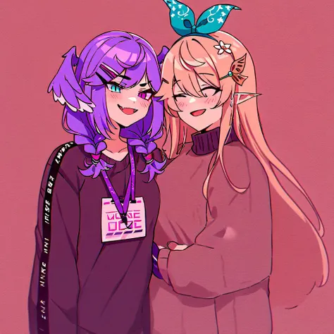 rating: general,  masterpiece, best quality, two women hugging, BREAK <lora:Selen_Tatsuki_SDXL:.8>, selen tatsuki, braid, twin braids, black sweater, smile, full shot, collarbone, fangs, sweater, open mouth, lanyard, hairclip, hair ornament, medium hair, bangs BREAK <lora:Pomu_Rainpuff_SDXL:.8>, pomu rainpuff, solo, sweater, skirt, drinking a cup of coffee, happy, smile, full shot