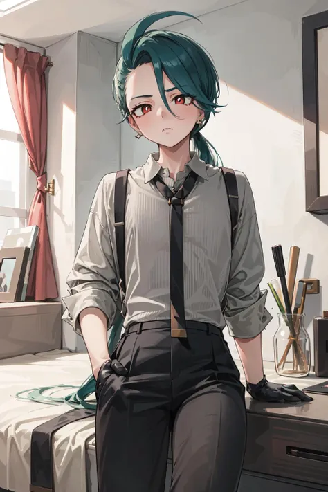 masterpiece,best quality,1girl,rika,white pupils,jewelry,earrings,eyelashes,flat chest,necktie,black necktie,shirt,collared shirt,grey shirt,suspenders,black gloves,black pants,shoes,tomboy,handsome,expressionless,indoors,<lora:rika:0.9>,