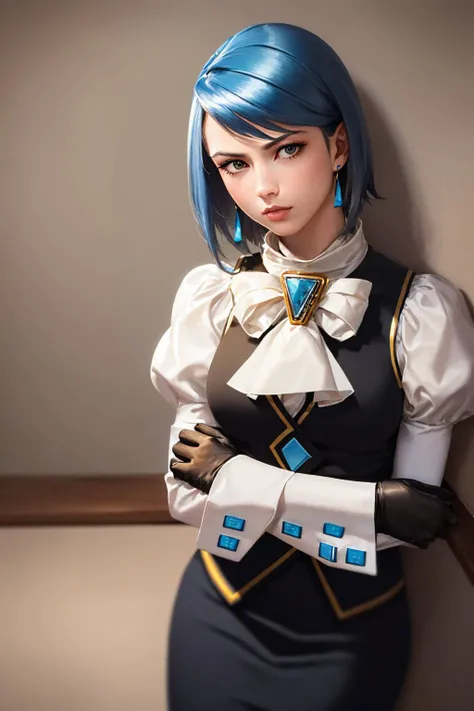 (masterpiece, best quality:1.2), cowboy shot, solo, 1girl, aafranziska, unamused, looking at viewer, crossed arms, blue hair, ascot, puffy sleeves, pencil skirt, pantyhose, black gloves, jewelry, earrings <lora:aa_franziska:1.0>