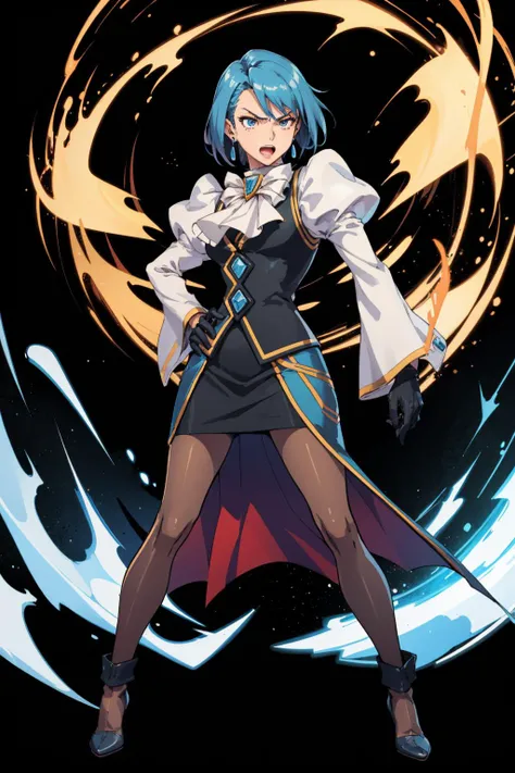 masterpiece, best quality, aafranziska, solo, blue hair, ascot, puffy sleeves, pencil skirt, pantyhose, black gloves, jewelry, earrings, standing, furrowed brow, open mouth, black background, simple background, FEH, high heels, looking sideways, hands to hips, contrapposto, dynamic pose, lightning <lora:aa_franziska-11:0.8> <lora:FEH_Concept_v2:1>