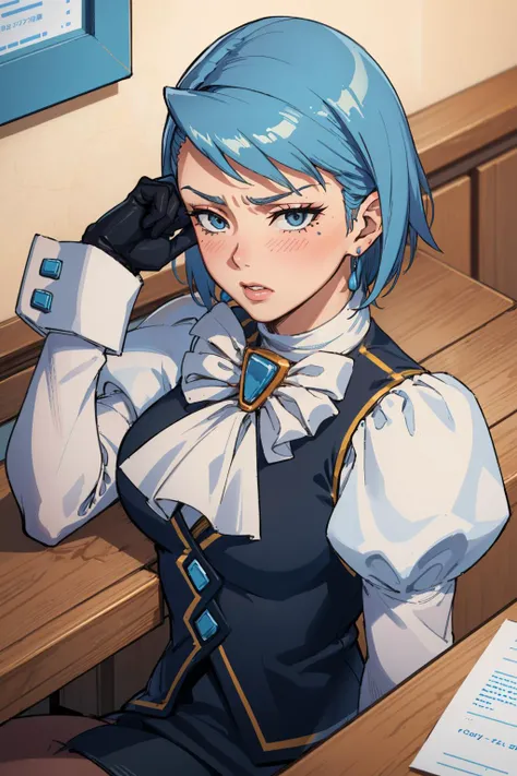 (masterpiece, best quality:1.2), close, solo, 1girl, aafranziska, flirting, looking at viewer, hand on hip, blue hair, ascot, puffy sleeves, pencil skirt, pantyhose, black gloves, jewelry, earrings