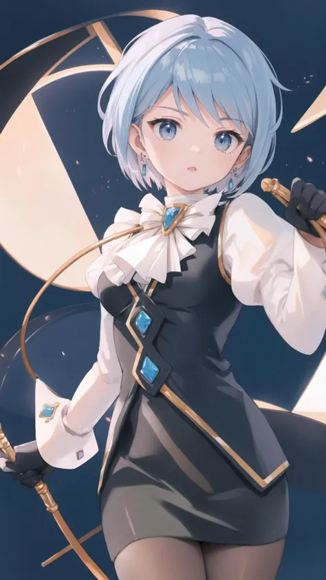 <lora:aa_franziska:0.8> aafranziska, blue hair, ascot, puffy sleeves, pencil skirt, pantyhose, black gloves, jewelry, earrings, BREAK, <lora:UnlimitedBladeWorks1.6:0.8> Whip, holding, weapon, holding weapon, BREAK, small, chibi, cute, kawai, masterpiece, best quality, extremely detailed, highly quality, 4k, sharp focus, professional, sharp focus, award winning, cinematic lighting, octane render, unreal engine, volumetrics dtx, Wallpaper,