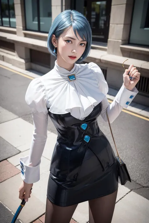 <lora:aa_franziska:0.9>, aafranziska, franziska von karma, best quality, masterpiece, illustration, (realistic, photo-realistic:1.37), amazing, finely detail, incredibly absurdres, huge filesize, ultra-detailed, highres, extremely detailed CG unity 8k wallpaper, extremely detailed eyes and face, ray tracing, large breasts, light smile, blush, red eyes, red lips, 1girl, medium breasts, japanese young girl, Highly detailed full body digital art portrait of a young Japanese woman with short, side-parted blue hair, wearing an ascot, puffy sleeved blouse, a blue pencil skirt, sheer black pantyhose, elbow-length black gloves, dangly earrings, a silver necklace with a pendant, and blue eyes, standing in a dramatic pose on a city street, whipping a coil-tipped whip forward aggressively as if striking someone just outside the frame, with a fierce expression, as if cosplaying a character, in a realistic style.