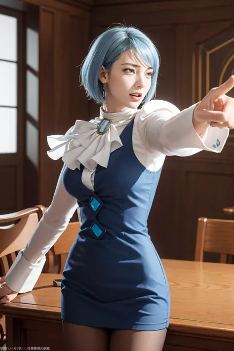 <lora:aa_franziska:0.8>, aafranziska, franziska von karma, upper body, open mouth, objection, pointing, best quality, masterpiece, illustration, (realistic, photo-realistic:1.37), amazing, finely detail, incredibly absurdres, huge filesize, ultra-detailed, highres, extremely detailed CG unity 8k wallpaper, extremely detailed eyes and face, ray tracing, large breasts, light smile, blush, red eyes, red lips, 1girl, medium breasts, japanese young girl, Highly detailed full body digital art portrait of a young Japanese woman with short, side-parted blue hair, wearing an ascot, puffy sleeved blouse, a blue pencil skirt, sheer black pantyhose, elbow-length black gloves, dangly earrings, a silver necklace with a pendant, and blue eyes, posed as if objecting with one arm extended and finger pointing, as if cosplaying a character, in a realistic style.  <lora:aa_dp:0.7>
