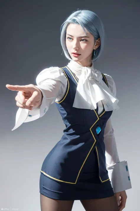 <lora:aa_franziska:0.8>, aafranziska, franziska von karma, upper body, open mouth, objection, pointing, best quality, masterpiece, illustration, (realistic, photo-realistic:1.37), amazing, finely detail, incredibly absurdres, huge filesize, ultra-detailed, highres, extremely detailed CG unity 8k wallpaper, extremely detailed eyes and face, ray tracing, large breasts, light smile, blush, red eyes, red lips, 1girl, medium breasts, japanese young girl, Highly detailed full body digital art portrait of a young Japanese woman with short, side-parted blue hair, wearing an ascot, puffy sleeved blouse, a blue pencil skirt, sheer black pantyhose, elbow-length black gloves, dangly earrings, a silver necklace with a pendant, and blue eyes, posed as if objecting with one arm extended and finger pointing, as if cosplaying a character, in a realistic style. <lora:aa_dp:0.85>
