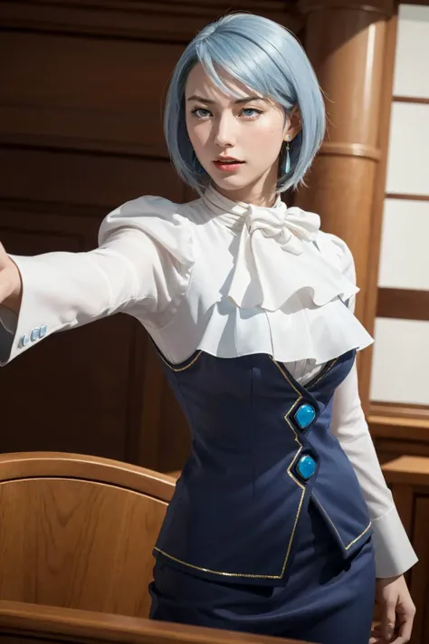 <lora:aa_franziska:0.8>, aafranziska, franziska von karma, upper body, open mouth, objection, pointing, best quality, masterpiece, illustration, (realistic, photo-realistic:1.37), amazing, finely detail, incredibly absurdres, huge filesize, ultra-detailed, highres, extremely detailed CG unity 8k wallpaper, extremely detailed eyes and face, ray tracing, large breasts, light smile, blush, red eyes, red lips, 1girl, medium breasts, japanese young girl, Highly detailed full body digital art portrait of a young Japanese woman with short, side-parted blue hair, wearing an ascot, puffy sleeved blouse, a blue pencil skirt, sheer black pantyhose, elbow-length black gloves, dangly earrings, a silver necklace with a pendant, and blue eyes, posed as if objecting with one arm extended and finger pointing, as if cosplaying a character, in a realistic style. <lora:aa_dp:0.85>