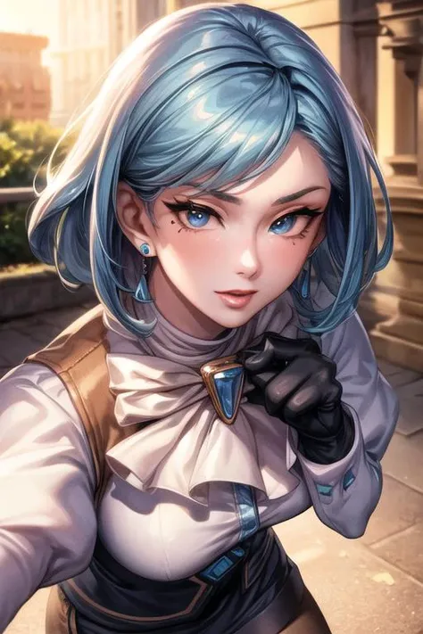 unparalleled masterpiece, 8k,(high quality:1.2) perfect artwork ,outdoor,cowboy shot,1girl, <lora:aa_franziska:1>, aafranziska, blue hair,blue eyes,ascot, puffy sleeves, pencil skirt, pantyhose, black gloves, jewelry, earrings, clean, beautiful face, pure face, pale skin, (colored inner hair:1.103),(detail hair:1.08),(Long eyelashes:1.1),(finely detailed beautiful eyes and face), (hyper extreme detailed:1.05) ,stunning lighting effects,<lora:add_detail:1>,