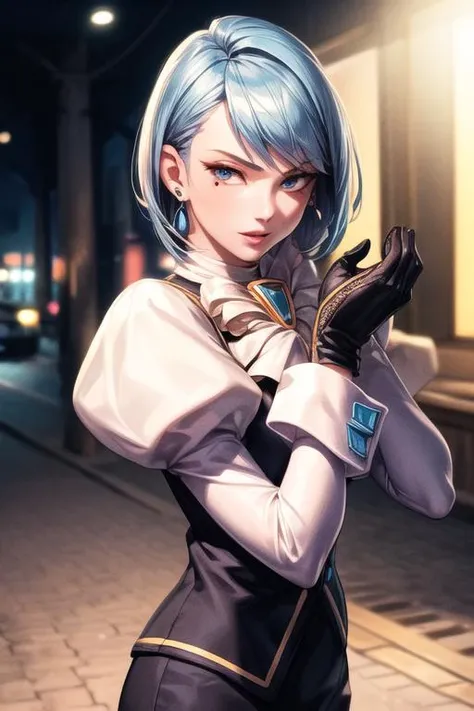 8k, ray tracing, vibrant colors, (1girl, solo), (aafranziska, light blue hair:1.5), ascot, puffy sleeves, pencil skirt, pantyhose, black gloves, jewelry, earrings, slim figure, masterpiece, sharp focus, Best Quality, depth of field, cinematic lighting, very detailed clothes, (used condoms, condom belt, condom hair ornament:1.4), ((so embarrassed, blush)), elbow gloves, Perfect eyes, perfect hair, Rich in details and textures, masterpiece, Best Quality, beautiful girl, Sun light, chiaroscuro, (perfect hands:0.7, Clean hands:0.7), ((((Professional photography)))), ((Dream)), Whole body