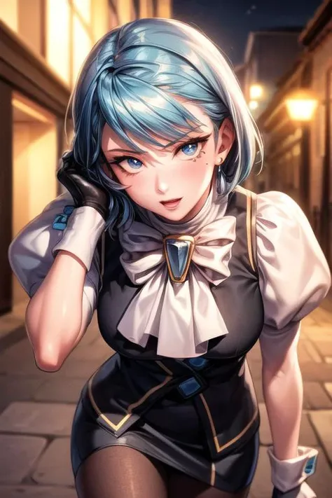 unparalleled masterpiece, 8k,(high quality:1.2) perfect artwork ,outdoor,cowboy shot,1girl,<lora:aa_franziska:1> aafranziska, blue hair,blue eyes,ascot, puffy sleeves, pencil skirt, pantyhose, black gloves, jewelry, earrings, clean, beautiful face, pure face, pale skin, (colored inner hair:1.103),(detail hair:1.08),(Long eyelashes:1.1),(finely detailed beautiful eyes and face), (hyper extreme detailed:1.05) ,stunning lighting effects,<lora:add_detail:1>,