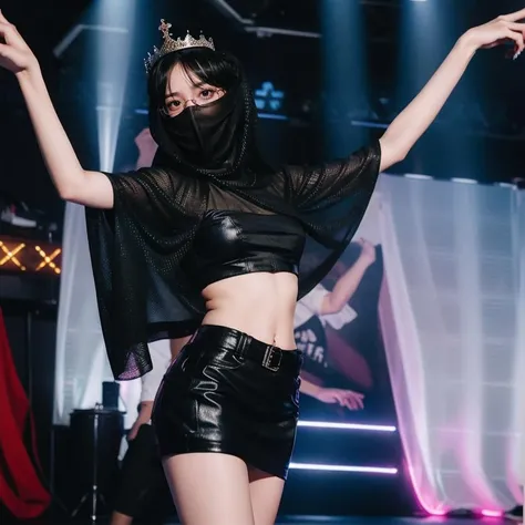 dancing queen, solo, dancing on the stage, see-through veil covering face, long hair, straight hair, midriff, crown, portrait, glasses
<lora:Dancing_Queen:0.65>