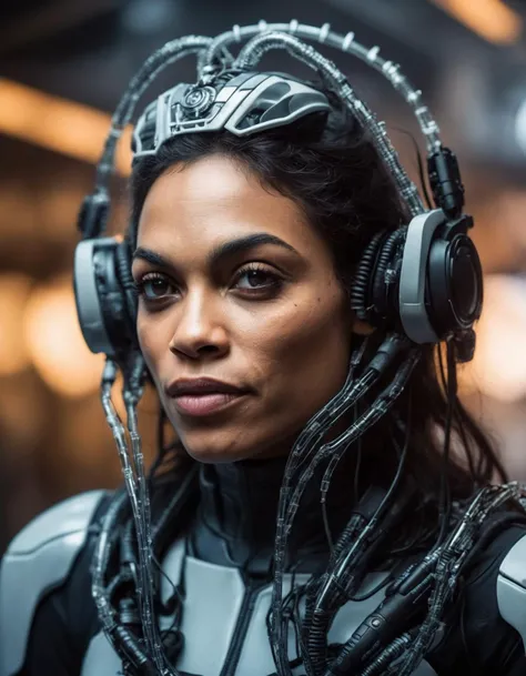 cinematic photo (((ohwx woman))) cyborg, surrounded by cables , illustrated by Greg Rutkowski and H.R. Giger, 35mm lens, beautiful macro close-up imagery, vibrantly lush neon lighting, beautiful volumetric-lighting-style atmosphere, a futuristic atmosphere, intricate, ultra detailed, photorealistic imagery, trending on artstation, 4k, 8k  <lora:dawson_lora_sdxl_v1:1> . 35mm photograph, film, bokeh, professional, 4k, highly detailed