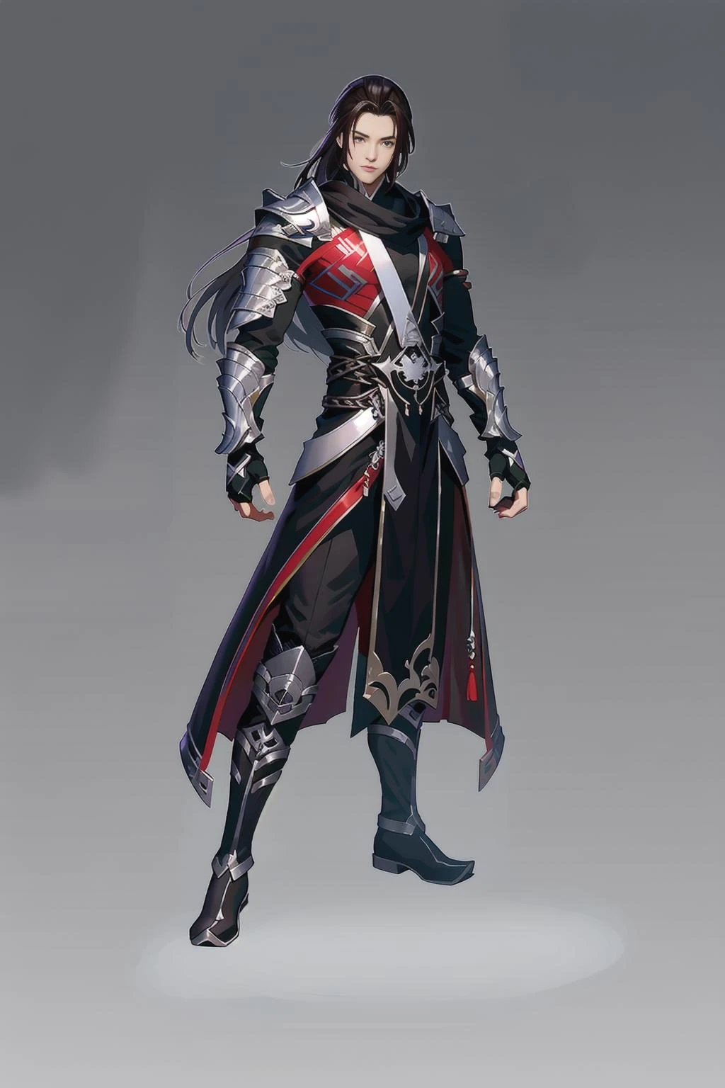 Game Character, East Asian Original Art Character Design, 1boy, Solo, Male Focus, Gloves, Fingerless Gloves, Brown Hair, Silver Armor, Long Hair, Gray Background, Gradient, Band, Gradient Background, Full Body, Standing, Black Glove, Boots, Looking at the Audience, Simple Background <lora:CG Game charactersV2:1>