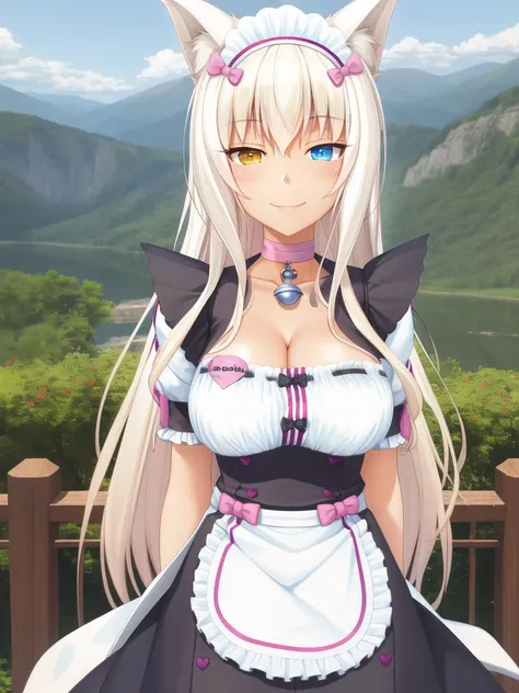 <lora:Neko-v1:0.8>, coconut_maid, 1girl, cat girl, bell, solo, long hair, jingle bell, animal ears, neck bell, heterochromia, cleavage, looking at viewer, panty straps, blonde hair, maid headdress, maid, apron, waist apron, bow, bangs, fishnet pantyhose, large breasts, name tag, smile, choker, (mountains, forest, outdoors:1.0), realism