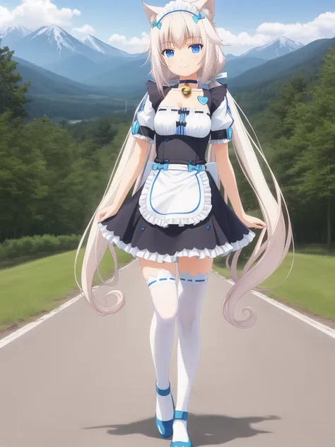 <lora:Neko-v1:0.7>, vanilla-maid, 1girl, solo, long hair, cat ears, blue eyes, waist apron, short sleeves, very long hair, jingle bell, puffy short sleeves, twintails, bell, blue footwear, name tag, cat ear legwear, smile, choker, (mountains, forest, outdoors:1.0), realism