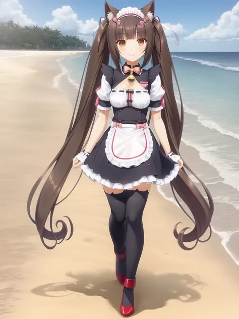 <lora:Neko-v1:0.75>, choco_maid, 1girl, cat ear legwear, solo, animal ears, long hair, cat ears, twintails, very long hair, maid headdress, waist apron, jingle bell, black thighhighs, short sleeves, apron, smile, puffy short sleeves, puffy sleeves, slit pupils, brown eyes, brown hair, neck bell, wrist cuffs, blunt bangs, ribbon, frills, bowtie, hair ribbon, black hair, shoes, high heels, name tag, clothing cutout, red footwear, (beach, sand, ocean:1.0), standing