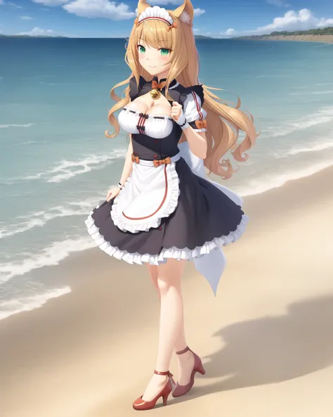 <lora:Neko-v1:0.7>, maple_maid, 1girl, solo, cat ears, jingle bell, long hair, green eyes, short sleeves, puffy short sleeves, waist apron, high heels, maid headdress, puffy sleeves, blonde hair, apron, wrist cuffs, slit pupils, cleavage cutout, red footwear, clothing cutout, frills, bangs, blush, name tag, cleavage, neck bell, bow, (beach, sand, ocean:1.0), realism, standing, full body, smile