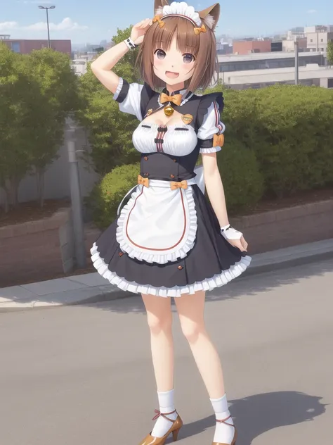 <lora:Neko-v1:0.75>, azu_maid, 1girl, animal ears, solo, brown hair, brown eyes, open mouth, maid headdress, short sleeves, puffy short sleeves, wrist cuffs, apron, smile, puffy sleeves, jingle bell, small breasts, waist apron, name tag, bow, short hair, shoes, bangs, blush, fang, socks, ribbon, high heels, frills, brown footwear, clothing cutout, hair ribbon, hand up, bowtie, cleavage cutout, (city:1.0), realism, standing, full body