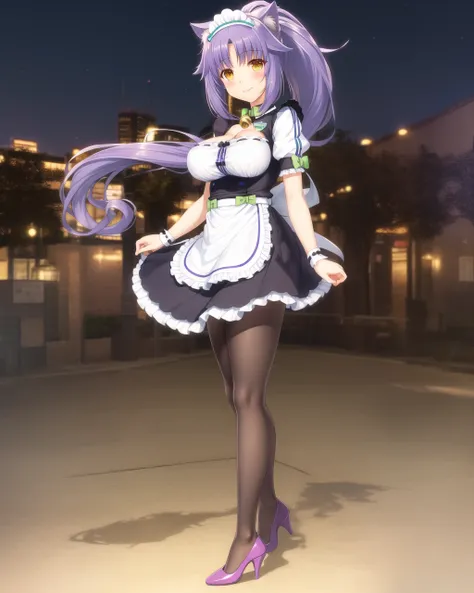 <lora:Neko-v1:0.7>, cinnamon_maid, 1girl, solo, cat ears, purple hair, puffy sleeves, short sleeves, waist apron, high heels, jingle bell, yellow eyes, looking at viewer, maid headdress, blush, ponytail, apron, wrist cuffs, slit pupils, white pantyhose, name tag, large breasts, bangs, cleavage, (city, night:1.0), realism, standing, full body, smile