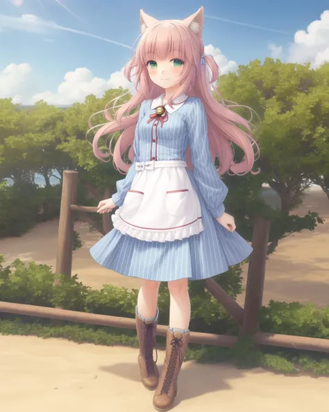 <lora:Neko-v1:0.7>, fraisen, 1girl, solo, animal ears, green eyes, boots, long hair, vertical stripes, apron, striped, brown footwear, pink hair, long sleeves, blush, striped dress, bangs, blue dress, cross-laced footwear, bell, smile, jingle bell, ribbon, lace-up boots, looking at viewer, cat ears, waist apron, white apron, vertical-striped dress, collared dress, red ribbon, (beach, sand, ocean:1.0), realism, standing, full body, smile
