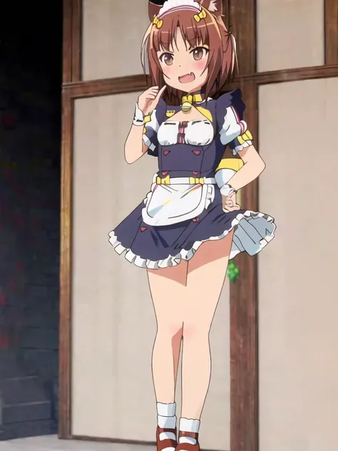 <lora:Neko-v1:0.75>, azu_maid, 1girl, animal ears, solo, brown hair, brown eyes, open mouth, maid headdress, short sleeves, puffy short sleeves, wrist cuffs, apron, smile, puffy sleeves, jingle bell, small breasts, waist apron, name tag, bow, short hair, shoes, bangs, blush, fang, socks, ribbon, high heels, frills, brown footwear, clothing cutout, hair ribbon, hand up, bowtie, cleavage cutout, realism, standing, full body