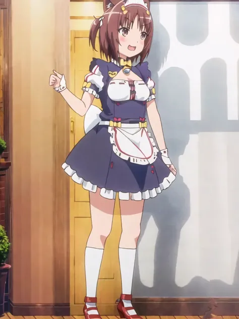 azu_maid, 1girl, animal ears, solo, brown hair, brown eyes, open mouth, maid headdress, short sleeves, puffy short sleeves, wrist cuffs, apron, smile, puffy sleeves, jingle bell, small breasts, waist apron, name tag, bow, short hair, shoes, bangs, blush, fang, socks, ribbon, high heels, frills, brown footwear, clothing cutout, hair ribbon, hand up, bowtie, cleavage cutout, realism, standing, full body, anime