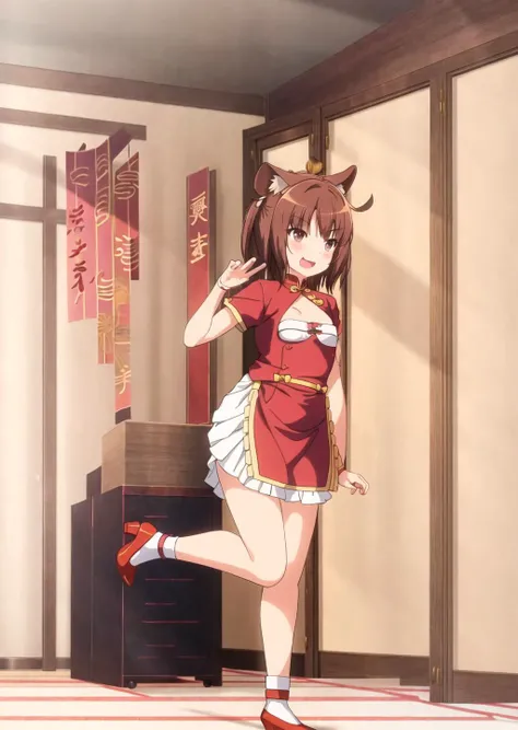 <lora:Neko-v1:0.75>, azu, chinese dress, chinese clothes, 1girl, animal ears, solo, brown hair, brown eyes, open mouth, sly smile, jingle bell, small breasts, name tag, bow, short hair, shoes, bangs, blush, fang, socks, ribbon, high heels, frills, brown footwear, hair ribbon, bowtie, lies, indoor, best quality, masterpiece, hdr