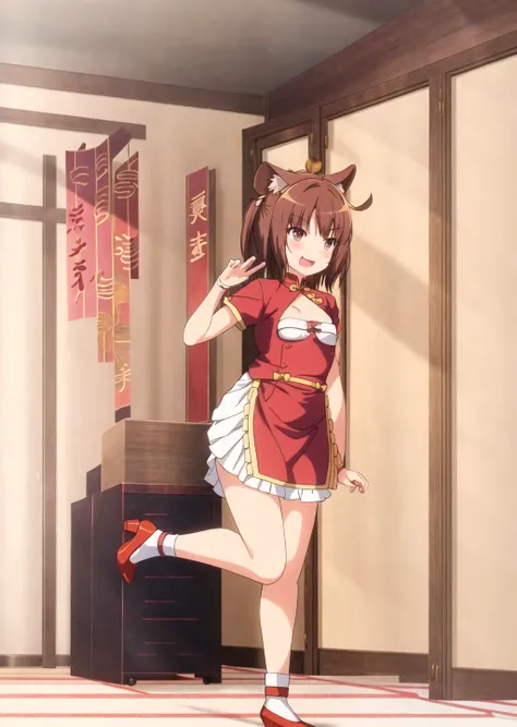 <lora:Neko-v1:0.75>, azu, chinese dress, chinese clothes, 1girl, animal ears, solo, brown hair, brown eyes, open mouth, sly smile, jingle bell, small breasts, name tag, bow, short hair, shoes, bangs, blush, fang, socks, ribbon, high heels, frills, brown footwear, hair ribbon, bowtie, lies, indoor, best quality, masterpiece, hdr