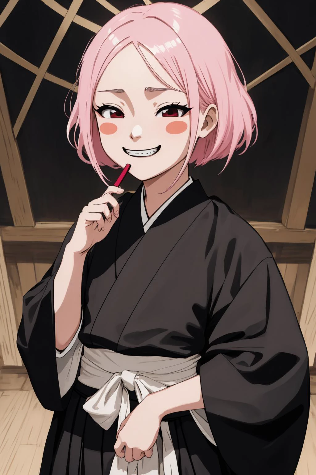 <lora:yachirukusajishi-lyco-nochekaiser:0.6> yachiru kusajishi,half-closed eyes, :3, grin, short hair, pink hair, blush stickers,long sleeves, japanese clothes, hakama, black hakama <lora:MESUGAKI_TEST2:1>, (masterpiece, best quality,highres, perfect hands), masterpiece,best quality,ultra-detailed,very detailed illustrations,extremely detailed,intricate details,highres,super complex details,extremely detailed 8k cg wallpaper