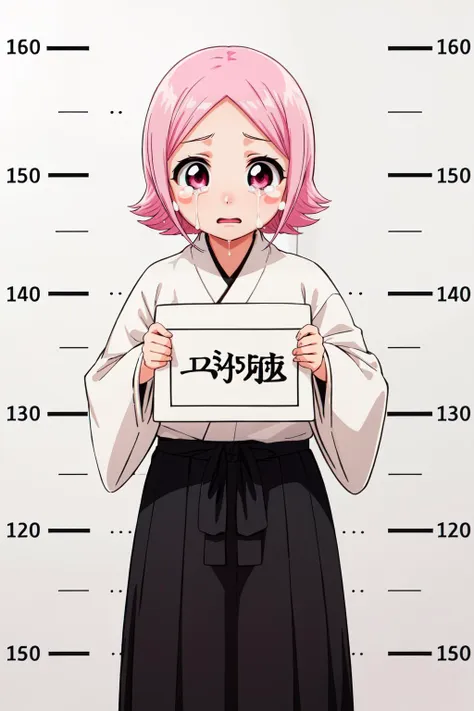 (masterpiece, best quality),  intricate details,
1girl,      <lora:yachirukusajishi-lyco-nochekaiser:0.8> yachiru kusajishi, short hair, pink hair, (pink eyes:1.1), blush stickers,, long sleeves, japanese clothes, hakama, black hakama, black robes, 
  <lora:furthermore:0.4> mug shot, crying, tears, holding sign,