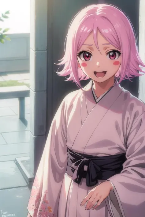 yachirukusajishi, <lyco:yachirukusajishi-lyco-nochekaiser:1>,
yachiru kusajishi, short hair, pink hair, (pink eyes:1.5), blush stickers, <lora:talkmouth_A_v100:1>, open mouth,
BREAK long sleeves, japanese clothes, hakama, black hakama,
BREAK outdoors,
BREAK looking at viewer, (cowboy shot:1.5),
BREAK <lyco:GoodHands-beta2:1>, (masterpiece:1.2), best quality, high resolution, unity 8k wallpaper, (illustration:0.8), (beautiful detailed eyes:1.6), extremely detailed face, perfect lighting, extremely detailed CG, (perfect hands, perfect anatomy),