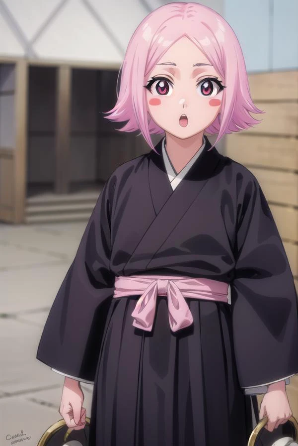 yachirukusajishi, <lyco:yachirukusajishi-lyco-nochekaiser:1>,
yachiru kusajishi, short hair, pink hair, (pink eyes:1.5), blush stickers, <lora:talkmouth_O_v100:1>, open mouth,
BREAK long sleeves, japanese clothes, hakama, black hakama,
BREAK outdoors,
BREAK looking at viewer, (cowboy shot:1.5),
BREAK <lyco:GoodHands-beta2:1>, (masterpiece:1.2), best quality, high resolution, unity 8k wallpaper, (illustration:0.8), (beautiful detailed eyes:1.6), extremely detailed face, perfect lighting, extremely detailed CG, (perfect hands, perfect anatomy),