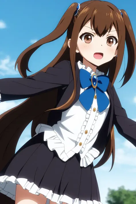 kizuna, anime art style, 1girl, solo, long_hair, looking_at_viewer, open_mouth, bangs, brown_hair, shirt, long_sleeves, bow, hair_between_eyes, brown_eyes, jewelry, jacket, upper_body, frills, bowtie, two_side_up, blue_bow, crossed_arms, frilled_sleeves, brooch