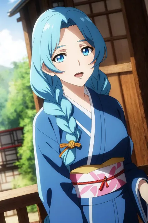 therese , anime art style, 1girl, solo, long_hair, looking_at_viewer, open_mouth, blue_eyes, blue_hair, upper_body, braid, outdoors, japanese_clothes, kimono, blurry, tree, single_braid, blurry_background, forehead_jewel